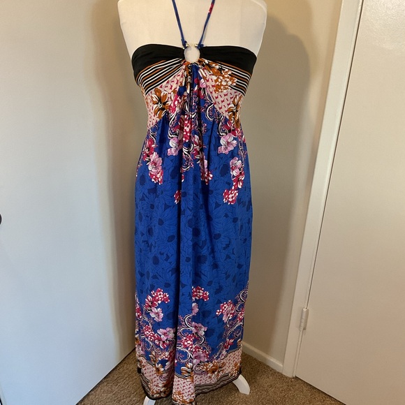 NWT La La Muse Blue Black Floral Strapless Halter Maxi Dress Size XL Boho Chic - Picture 2 of 7